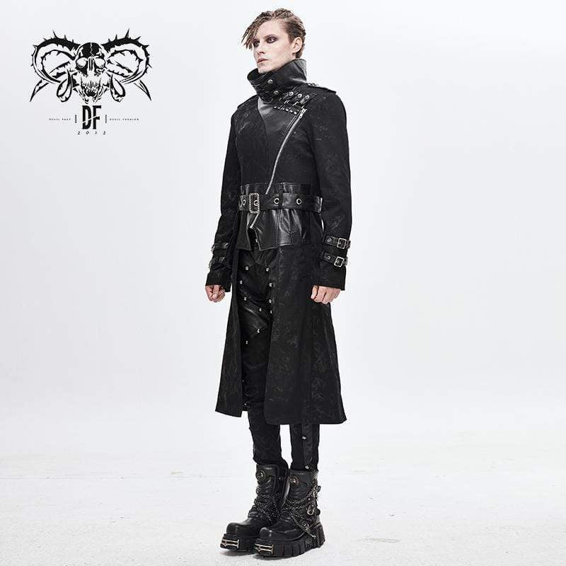 Men's Vintage Stand Collar Faux Leather Spliced Long Coats
