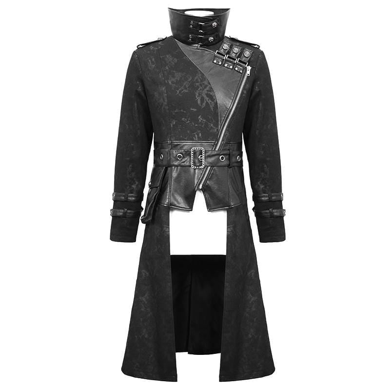 Men's Vintage Stand Collar Faux Leather Spliced Long Coats