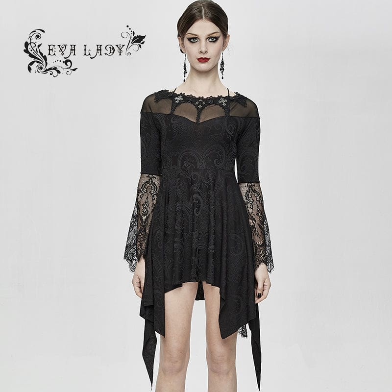 EVA LADY Women's Boat Neck Jacquard Sheer Lace Sleeved Dresses