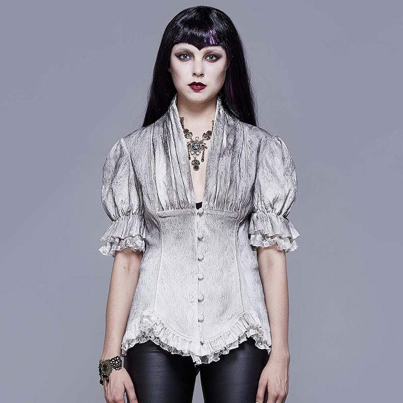 Women's Goth V-neck Single-breasted Lace Puff Sleeved Shirt
