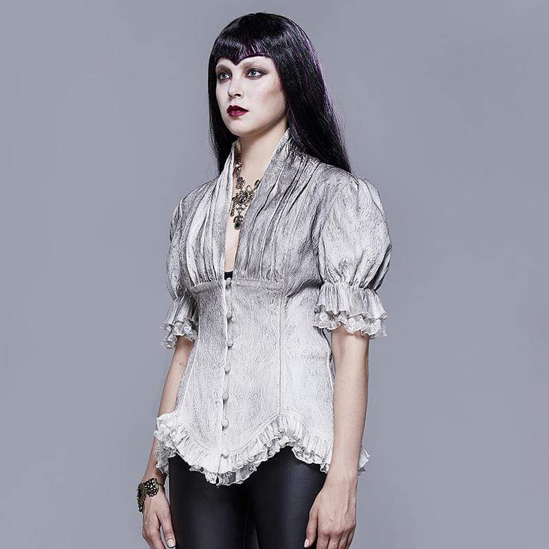 Women's Goth V-neck Single-breasted Lace Puff Sleeved Shirt