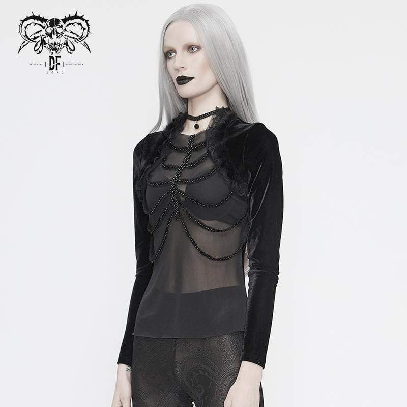 Women's Gothic Black Short Net and Lace Full Sleeved Tops