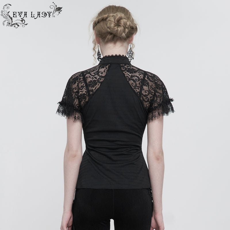 EVA LADY Women's Gothic Cheongsam Collar Lace Splice Ruffled Shirt