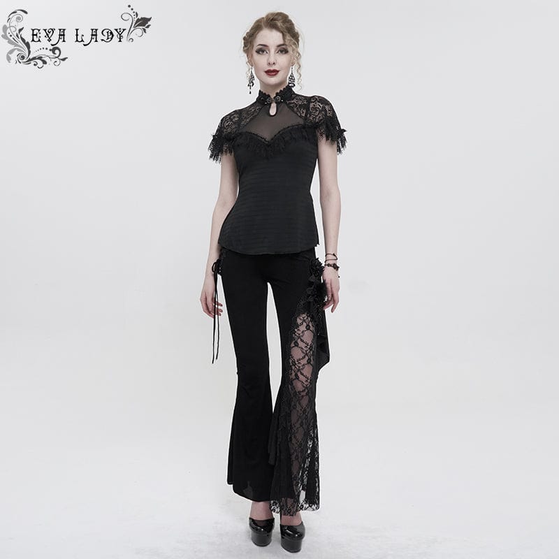 EVA LADY Women's Gothic Cheongsam Collar Lace Splice Ruffled Shirt