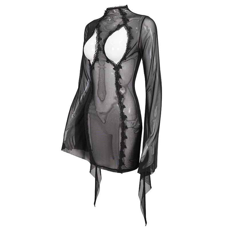 EVA LADY Women's Gothic Cutout Flare Sleeved Sexy Sheer Nightgown