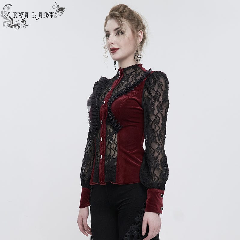 EVA LADY Women's Gothic Double Color Puff Sleeved Ruffled Lace Shirt