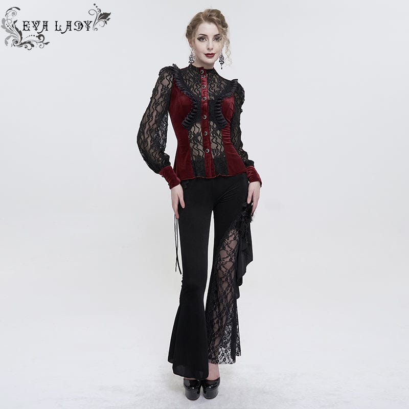 EVA LADY Women's Gothic Double Color Puff Sleeved Ruffled Lace Shirt