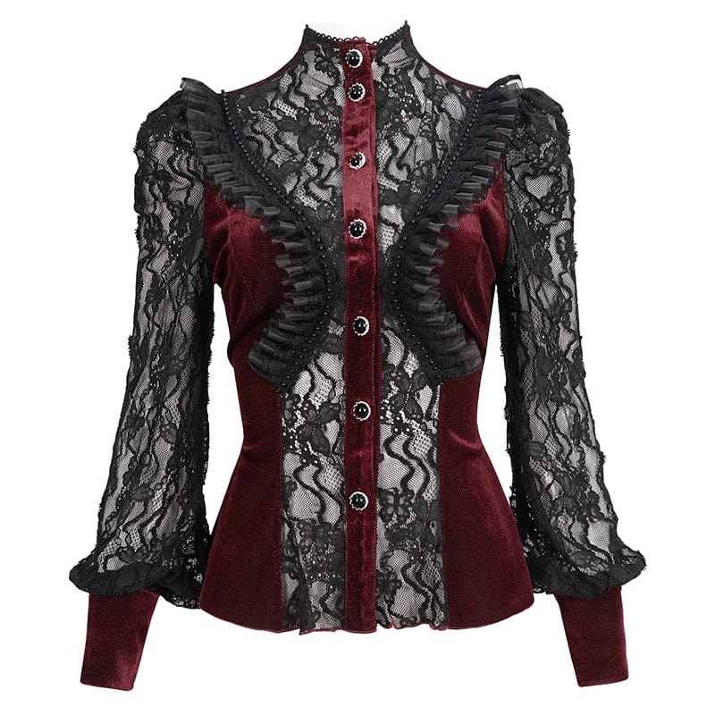 EVA LADY Women's Gothic Double Color Puff Sleeved Ruffled Lace Shirt