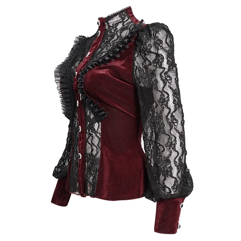 EVA LADY Women's Gothic Double Color Puff Sleeved Ruffled Lace Shirt