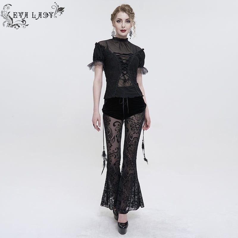 EVA LADY Women's Gothic Drawstring Mesh Splice Flared Pants