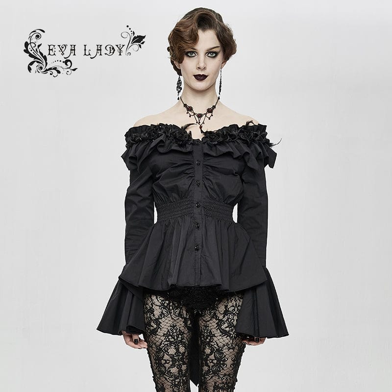 EVA LADY Women's Gothic Falbala Off Shoulder Flare Sleeved Shirt