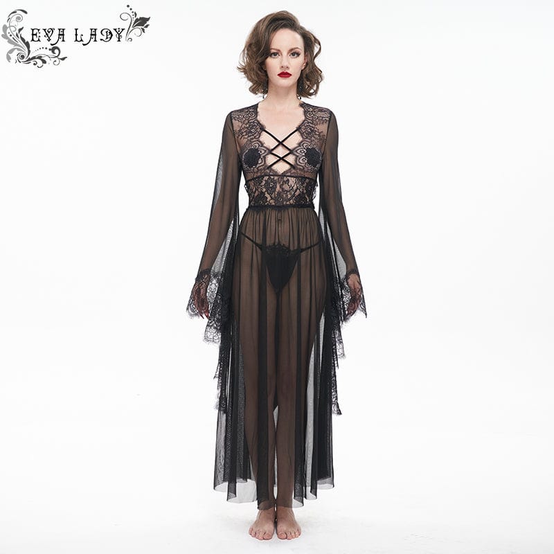 Women's Gothic Flare Sleeved Backless Sheer Sexy Nightgown Punk Design Women's Gothic Flare Sleeved Backless Sheer Sexy Nightgown Punk Design