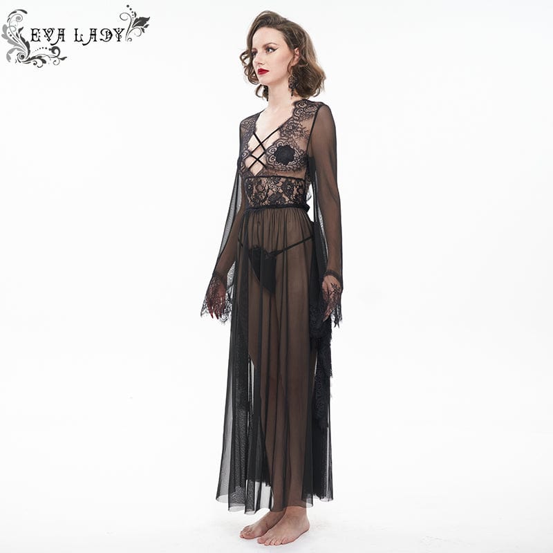 EVA LADY Women's Gothic Flare Sleeved Backless Sheer Sexy Nightgown