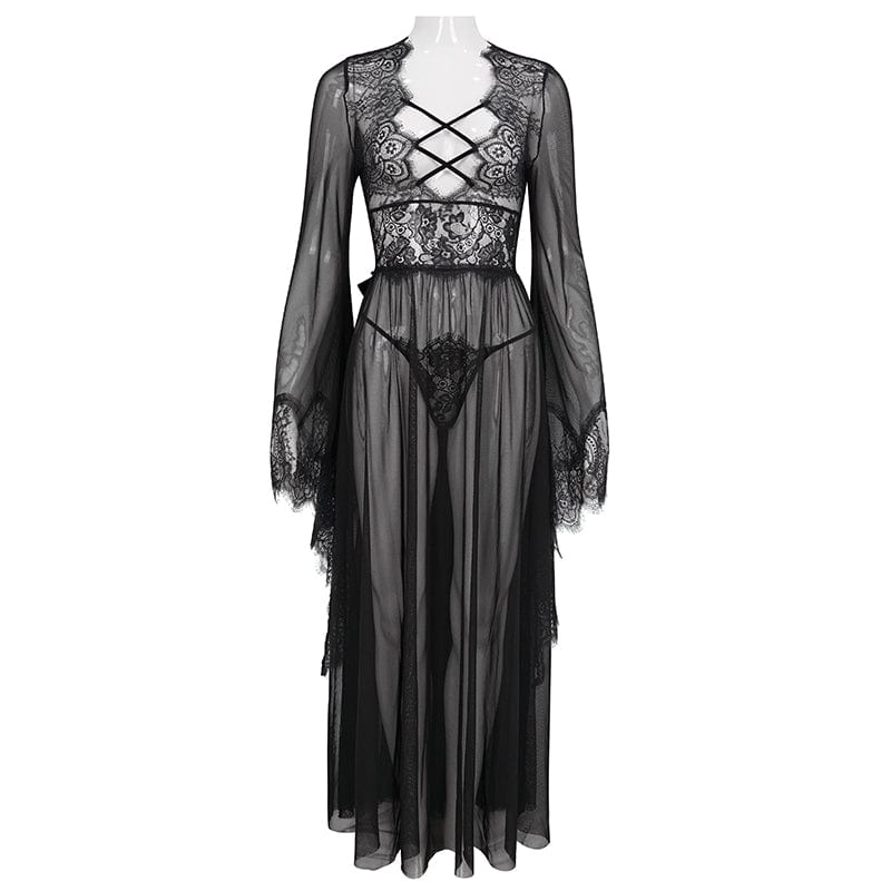 EVA LADY Women's Gothic Flare Sleeved Backless Sheer Sexy Nightgown