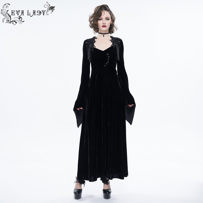 EVA LADY Women's Gothic Flare Sleeved Velet Maxi Dress with Shoulder Boards Black