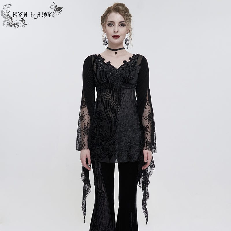 EVA LADY Women's Gothic Flared Sleeved Lace Splice Beaded Shirt