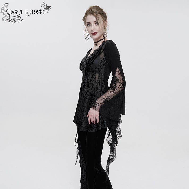 EVA LADY Women's Gothic Flared Sleeved Lace Splice Beaded Shirt