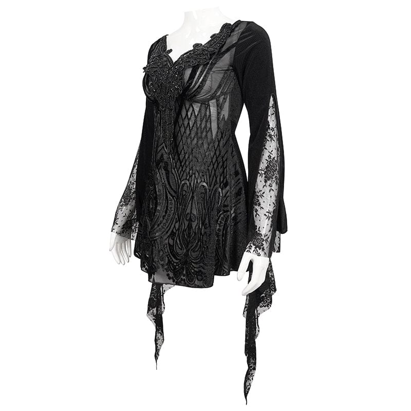 EVA LADY Women's Gothic Flared Sleeved Lace Splice Beaded Shirt