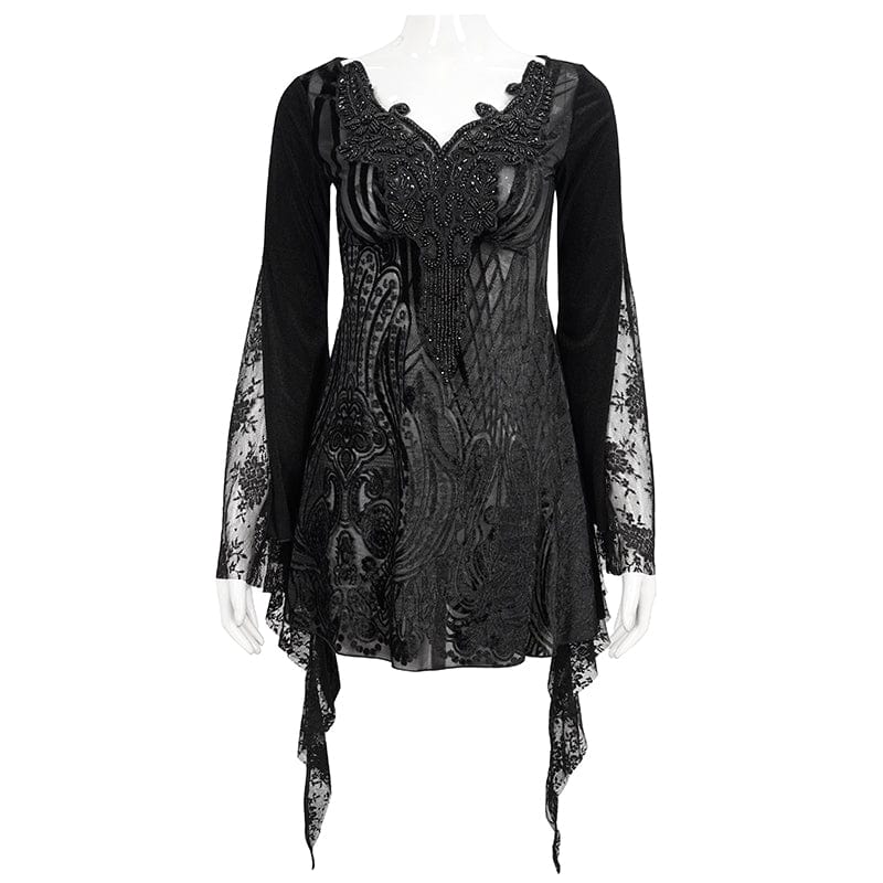 EVA LADY Women's Gothic Flared Sleeved Lace Splice Beaded Shirt