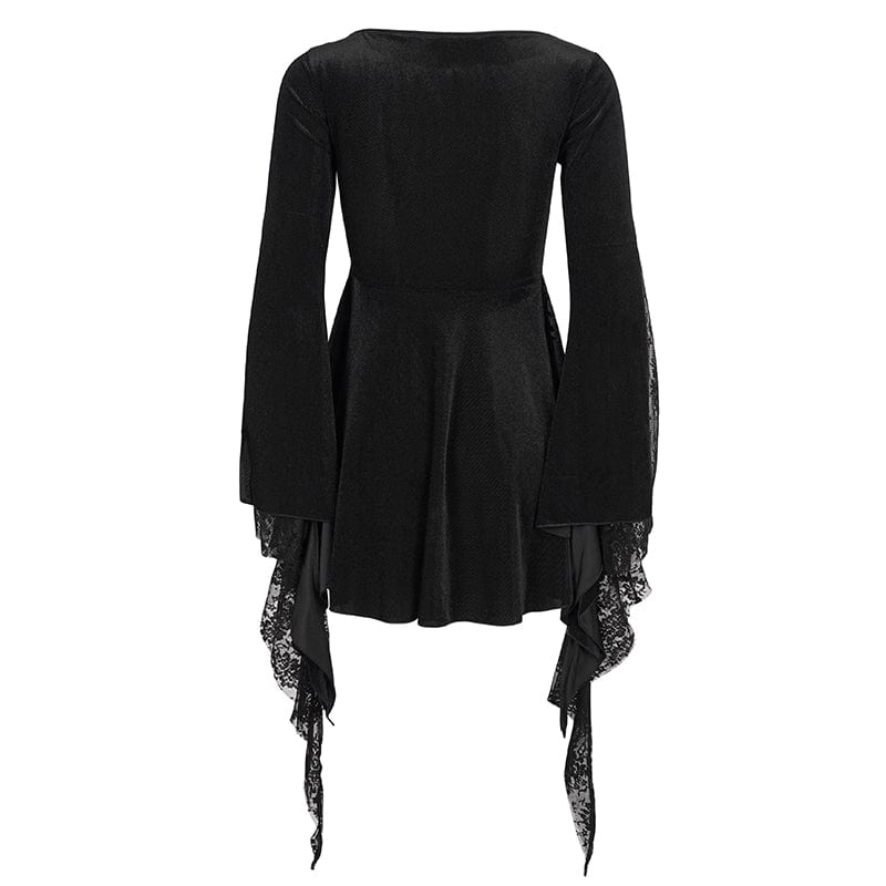 EVA LADY Women's Gothic Flared Sleeved Lace Splice Beaded Shirt