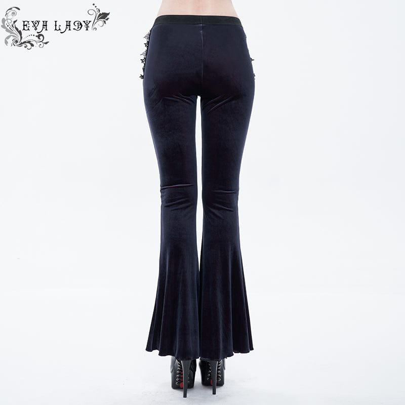 EVA LADY Women's Gothic Front Zip Side Cutout Velet Bell-bottoms