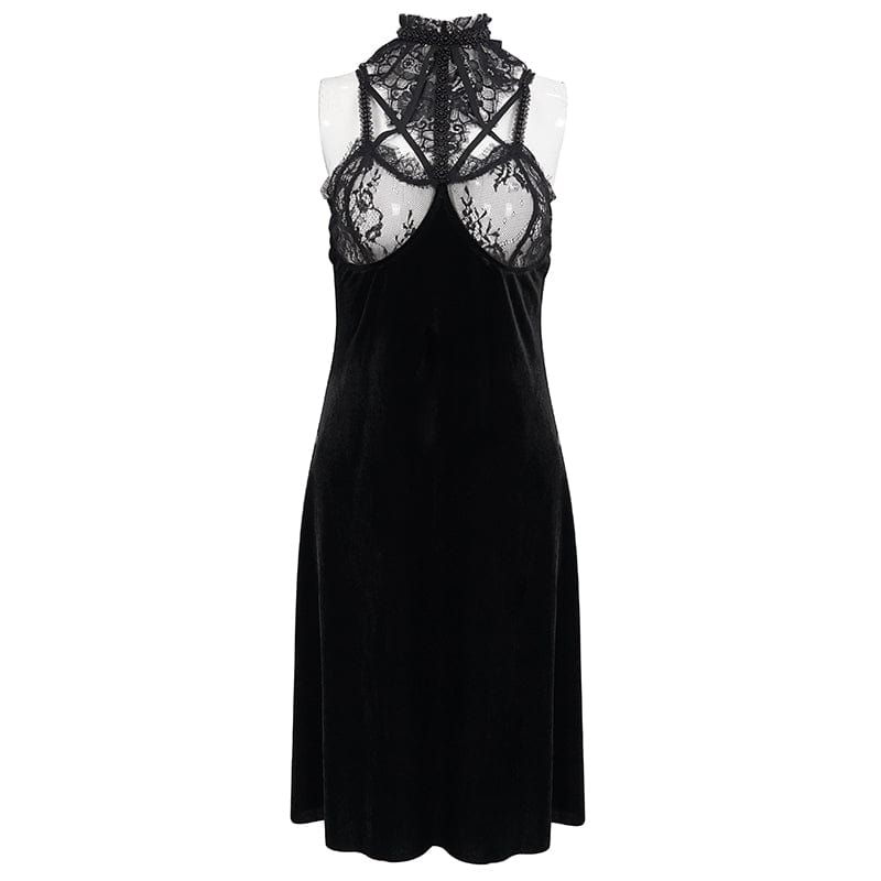 EVA LADY Women's Gothic Halterneck Backless Sexy Velet Nightgown