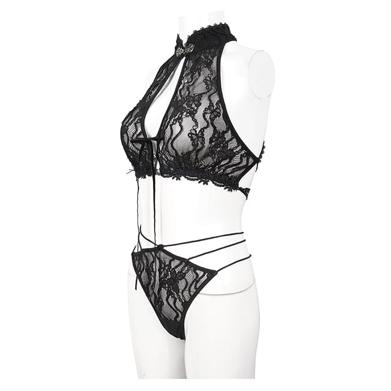 EVA LADY Women's Gothic Halterneck Lace Bra Lingerie Set