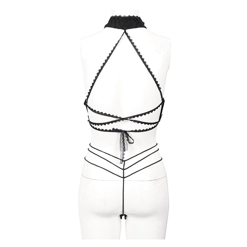EVA LADY Women's Gothic Halterneck Lace Bra Lingerie Set