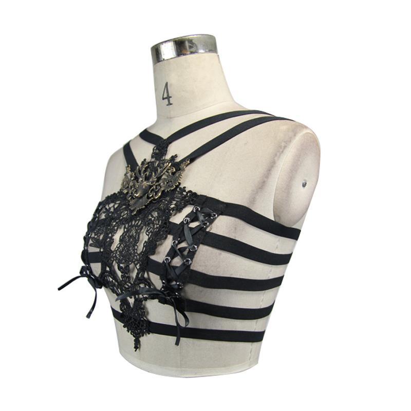 Women's Gothic Lace Chest Harness With Metal Brooch