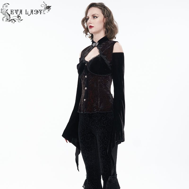 EVA LADY Women's Gothic Off Shoulder Flare Sleeved Floral Velet Shirt