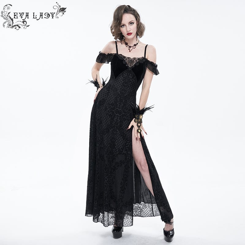 EVA LADY Women's Gothic Off Shoulder Side Slit Floral Lace Maxi Dress