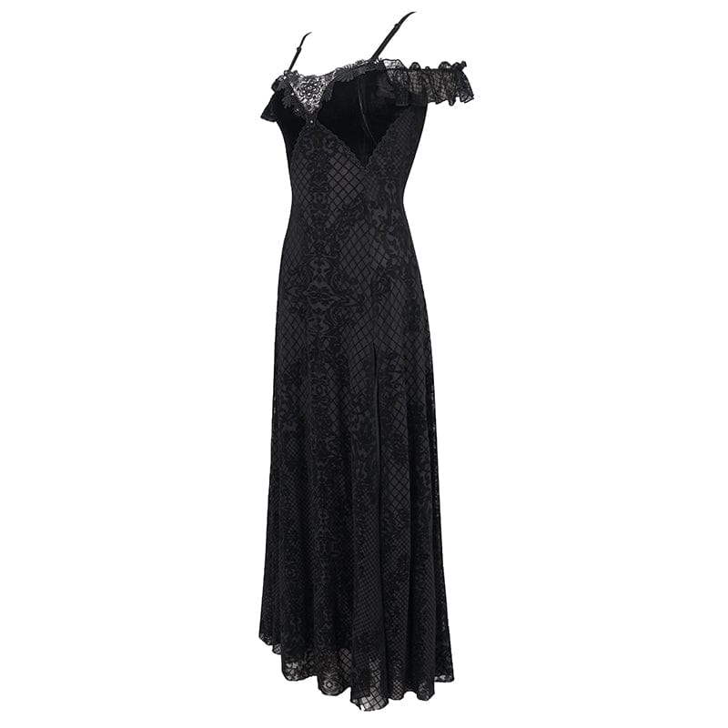 EVA LADY Women's Gothic Off Shoulder Side Slit Floral Lace Maxi Dress