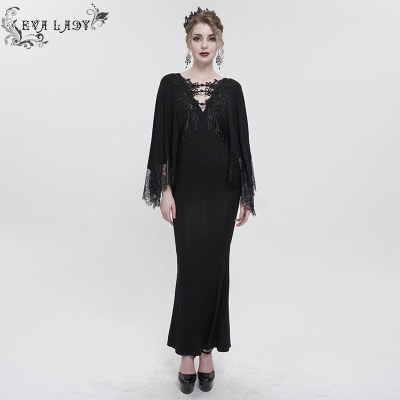 EVA LADY Women's Gothic Plunging Floral Embroidered Lace Splice Dress