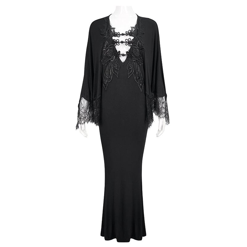 EVA LADY Women's Gothic Plunging Floral Embroidered Lace Splice Dress