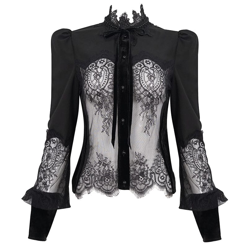 EVA LADY Women's Gothic Puff Sleeved Lace Shirt with Bow Tie