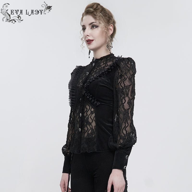 EVA LADY Women's Gothic Puff Sleeved Ruffled Lace Shirt