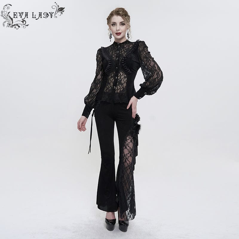EVA LADY Women's Gothic Puff Sleeved Ruffled Lace Shirt