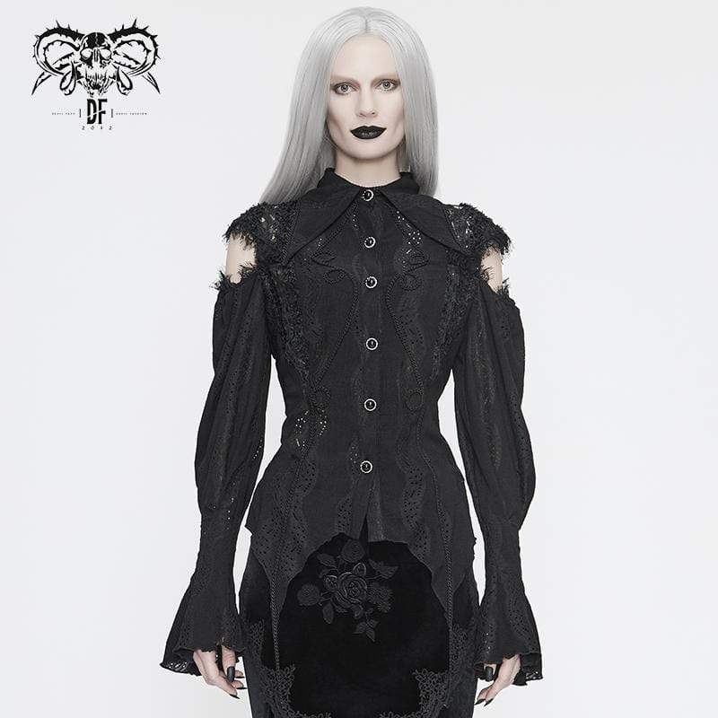 Women's Gothic Punk Black Full Sleeved Asymmetrical Lace and Cord Detail Shirt