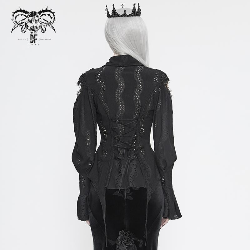 Women's Gothic Punk Black Full Sleeved Asymmetrical Lace and Cord Detail Shirt
