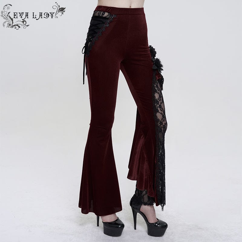 EVA LADY Women's Gothic Strappy Lace Splice Flared Pants Red