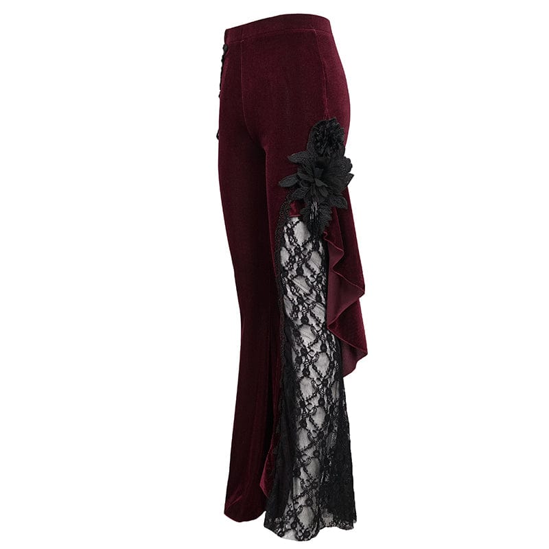 EVA LADY Women's Gothic Strappy Lace Splice Flared Pants Red