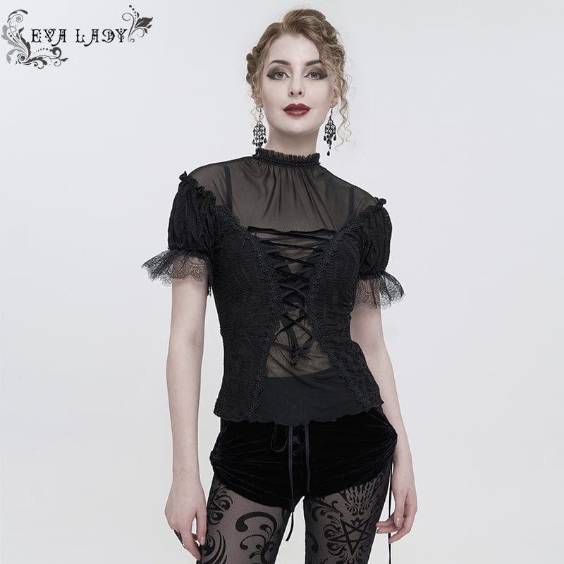 EVA Lady Neo-Gothic Black Horn Pants Women's Sexy Lace Print