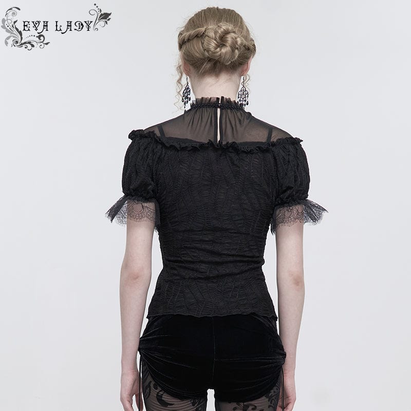 EVA LADY Women's Gothic Strappy Mesh Splice Beaded Shirt