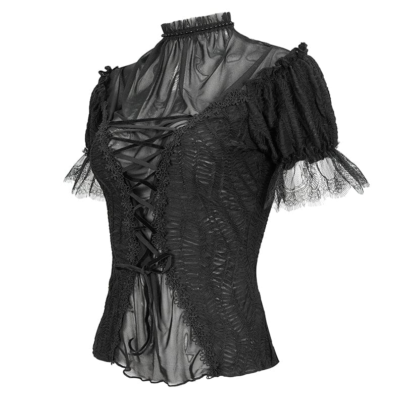 EVA LADY Women's Gothic Strappy Mesh Splice Beaded Shirt