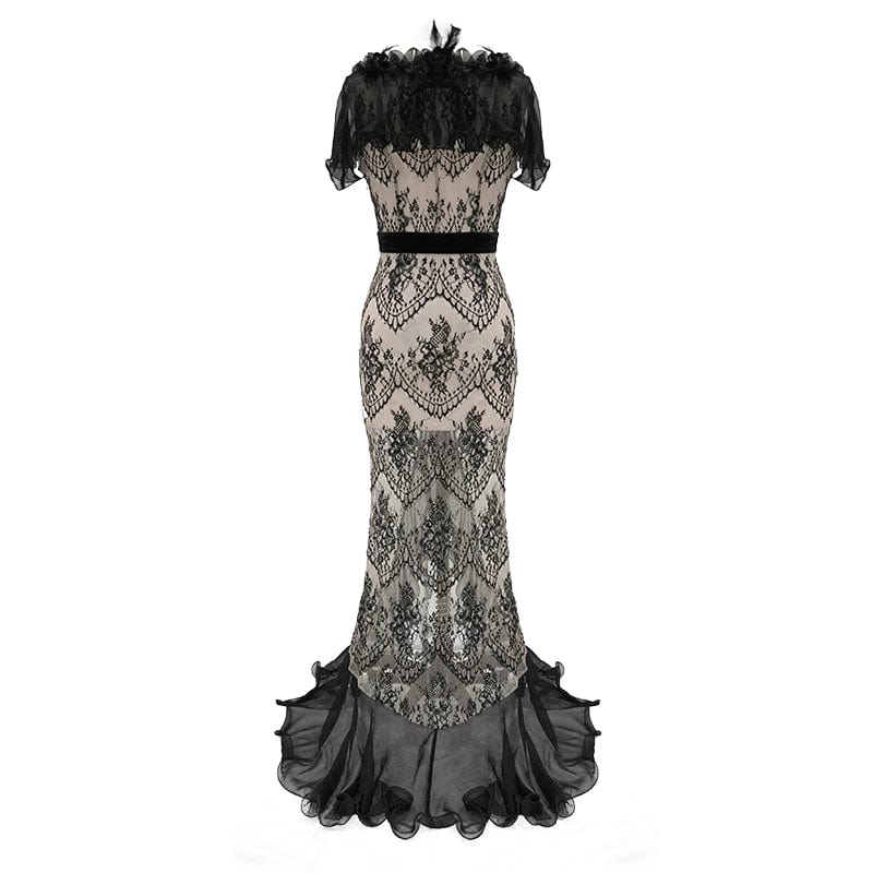 EVA LADY Women's Gothic Turn-down Collar Sheer Floral Lace Dovetail Dress