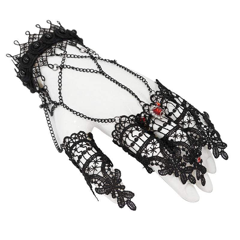 Women's Victorian Gothic Black Lace and Chain Gloves