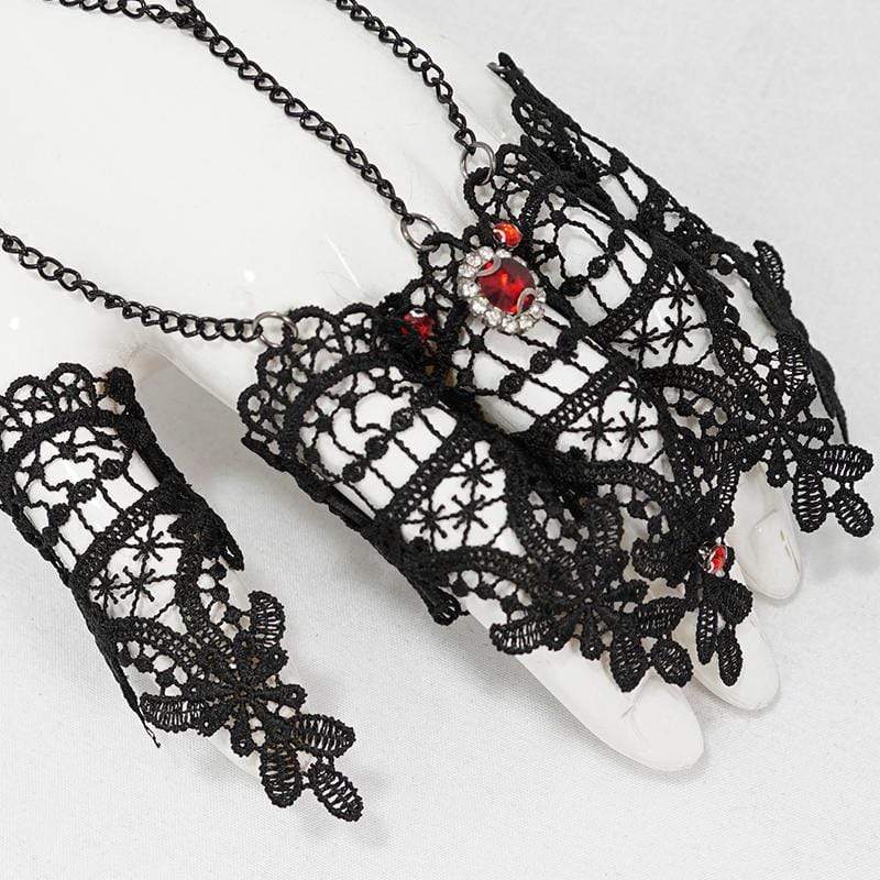 Women's Victorian Gothic Black Lace and Chain Gloves