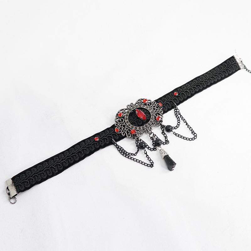 Women's Victorian Gothic Black Lace Choker with Silver Pendant and Red Stones