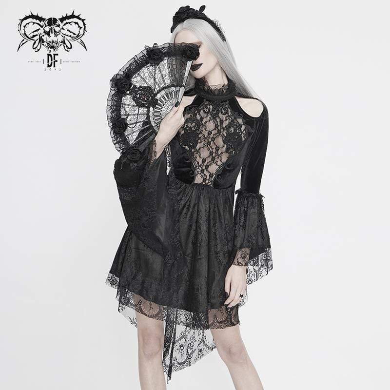 Women's Vintage Gothic Black Lace Over-lay Short Dress With Full Flared Sleeves Punk Design Women's Vintage Gothic Black Lace Over-lay Short Dress With Full Flared Sleeves Punk Design