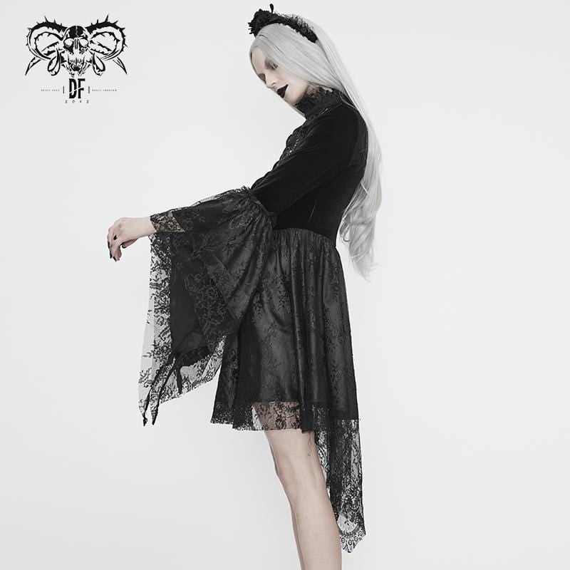 Women's Vintage Gothic Black Lace Over-lay Short Dress with Full Flared Sleeves Wedding Dress